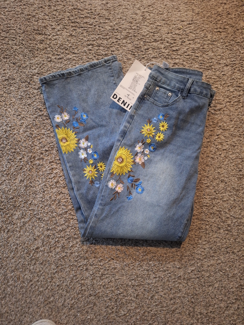 Denim Jeans with Yellow Floral Embroidery - Women's Jeans